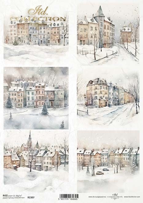 ITD Collection, Rice Paper, Decoupage, Mixed Media, R2307,  A4, 8.27x11.7 Winter, Views, buildings, Row Houses, Cottages, Snow Scene