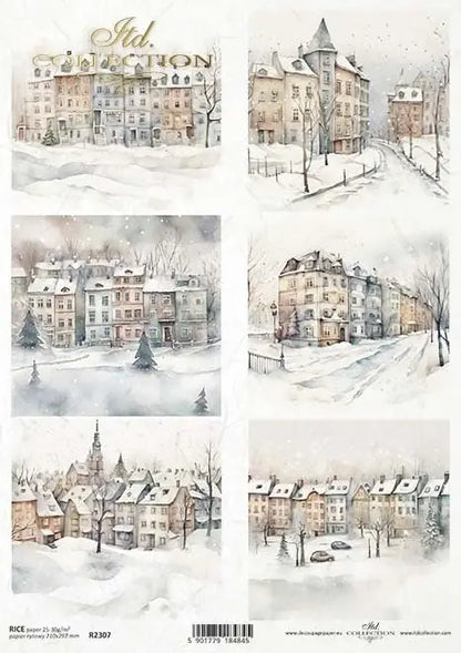 ITD Collection, Rice Paper, Decoupage, Mixed Media, R2307,  A4, 8.27x11.7 Winter, Views, buildings, Row Houses, Cottages, Snow Scene ITD Collection
