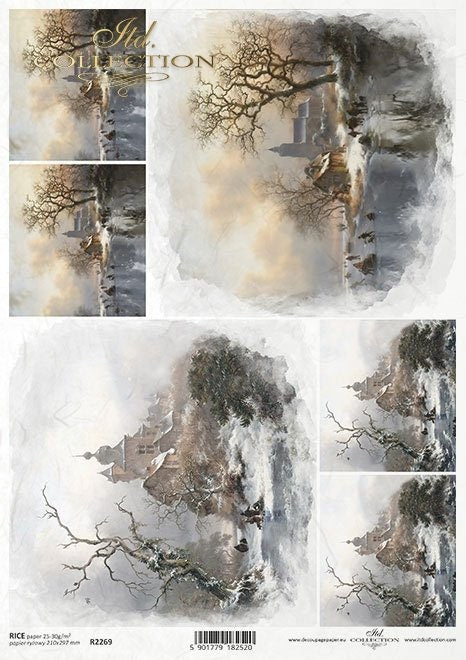 ITD Collection, Rice Paper, Decoupage, Mixed Media, R2269,  A4, 8.27x11.7 Winter, Forest, Lake, Scenes, Landscapes, Snow Scene, Squares