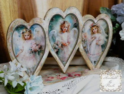 Handcrafted, Decoupage, Heart Trio, Plaque, Panel, Shabby Chic, Vintage Style, Mixed Media, Decoupage, Pink, Angel, Girls, Antique Style Handmade by Pamela