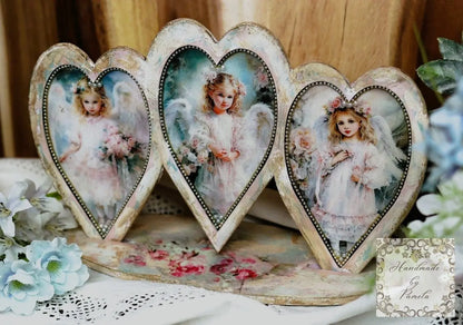 Handcrafted, Decoupage, Heart Trio, Plaque, Panel, Shabby Chic, Vintage Style, Mixed Media, Decoupage, Pink, Angel, Girls, Antique Style Handmade by Pamela