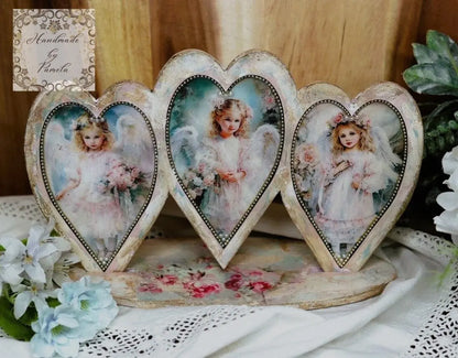 Handcrafted, Decoupage, Heart Trio, Plaque, Panel, Shabby Chic, Vintage Style, Mixed Media, Decoupage, Pink, Angel, Girls, Antique Style Handmade by Pamela