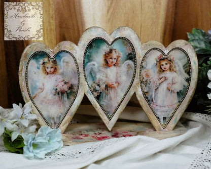 Handcrafted, Decoupage, Heart Trio, Plaque, Panel, Shabby Chic, Vintage Style, Mixed Media, Decoupage, Pink, Angel, Girls, Antique Style Handmade by Pamela