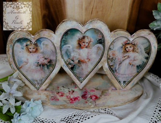 Handcrafted, Decoupage, Heart Trio, Plaque, Panel, Shabby Chic, Vintage Style, Mixed Media, Decoupage, Pink, Angel, Girls, Antique Style