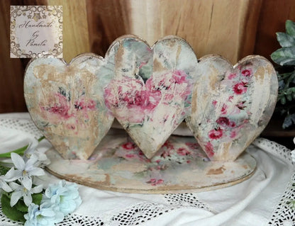 Handcrafted, Decoupage, Heart Trio, Plaque, Panel, Shabby Chic, Vintage Style, Mixed Media, Decoupage, Pink, Angel, Girls, Antique Style Handmade by Pamela
