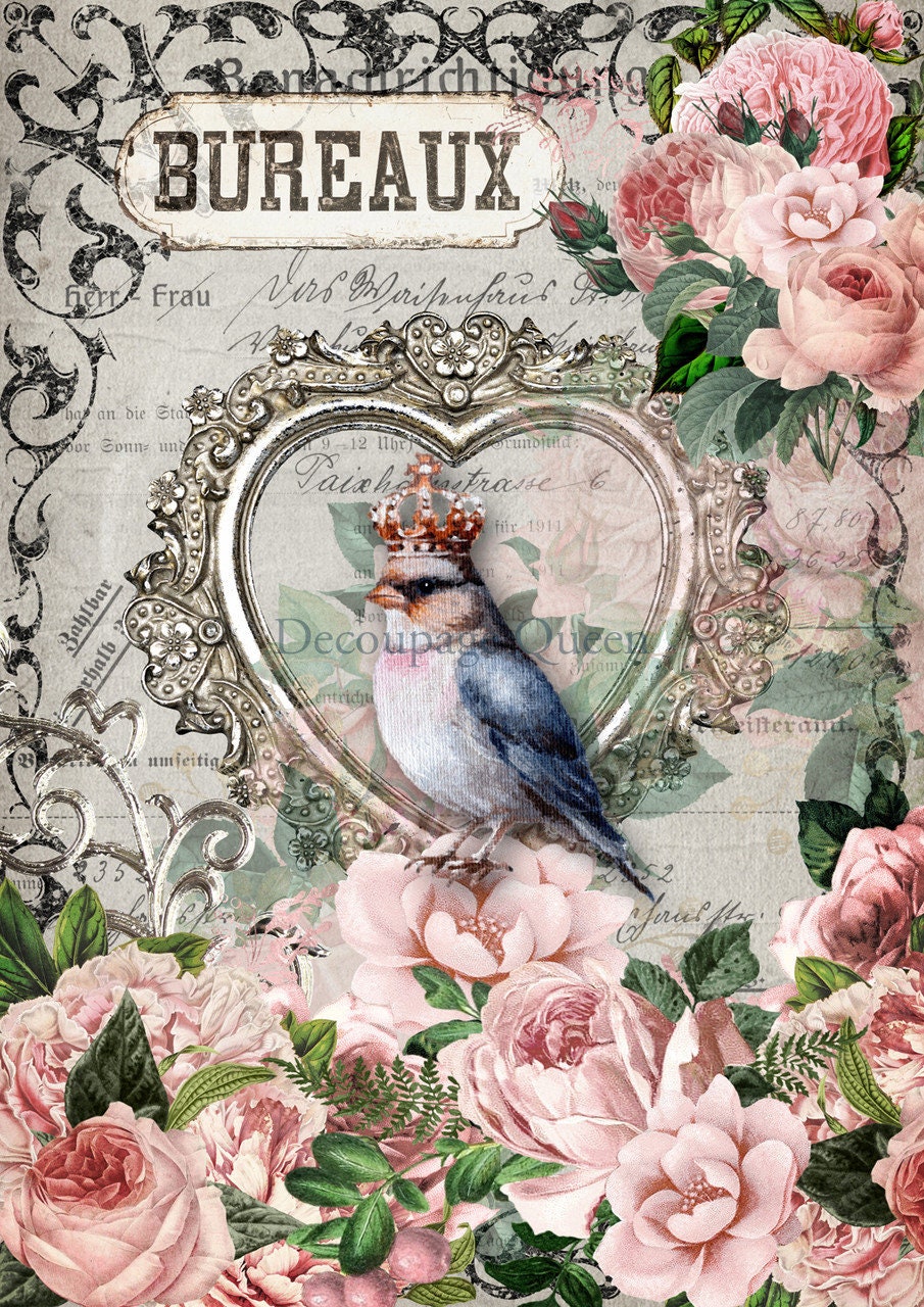 Decoupage Queen, Rice Paper, 2024 Spring Release, Crowned Lady, Bird, Vintage Style, Heart Frame, Roses, Blue Bird, 0558, A4 8.3" X 11.7"