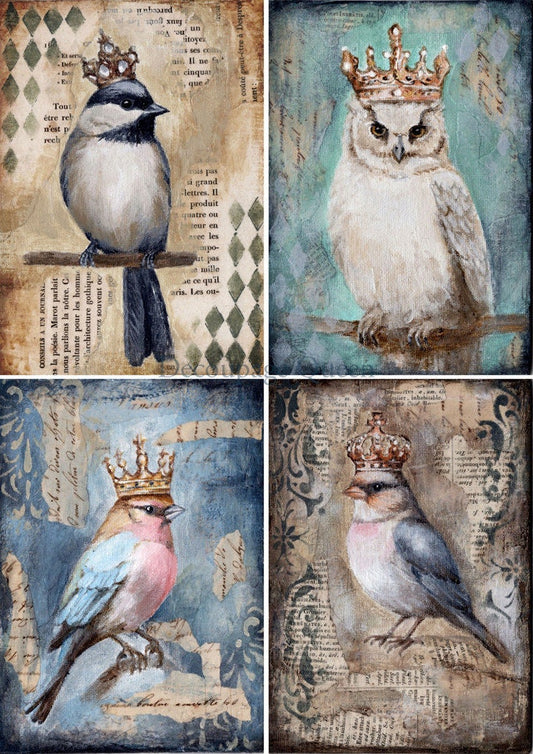 Decoupage Queen, Rice Paper, 2024 Spring Release, Teresa Rene Art, 4 Birds, Crowned Birds,  Owl, Vintage Style, 0587, A4 8.3" X 11.7"