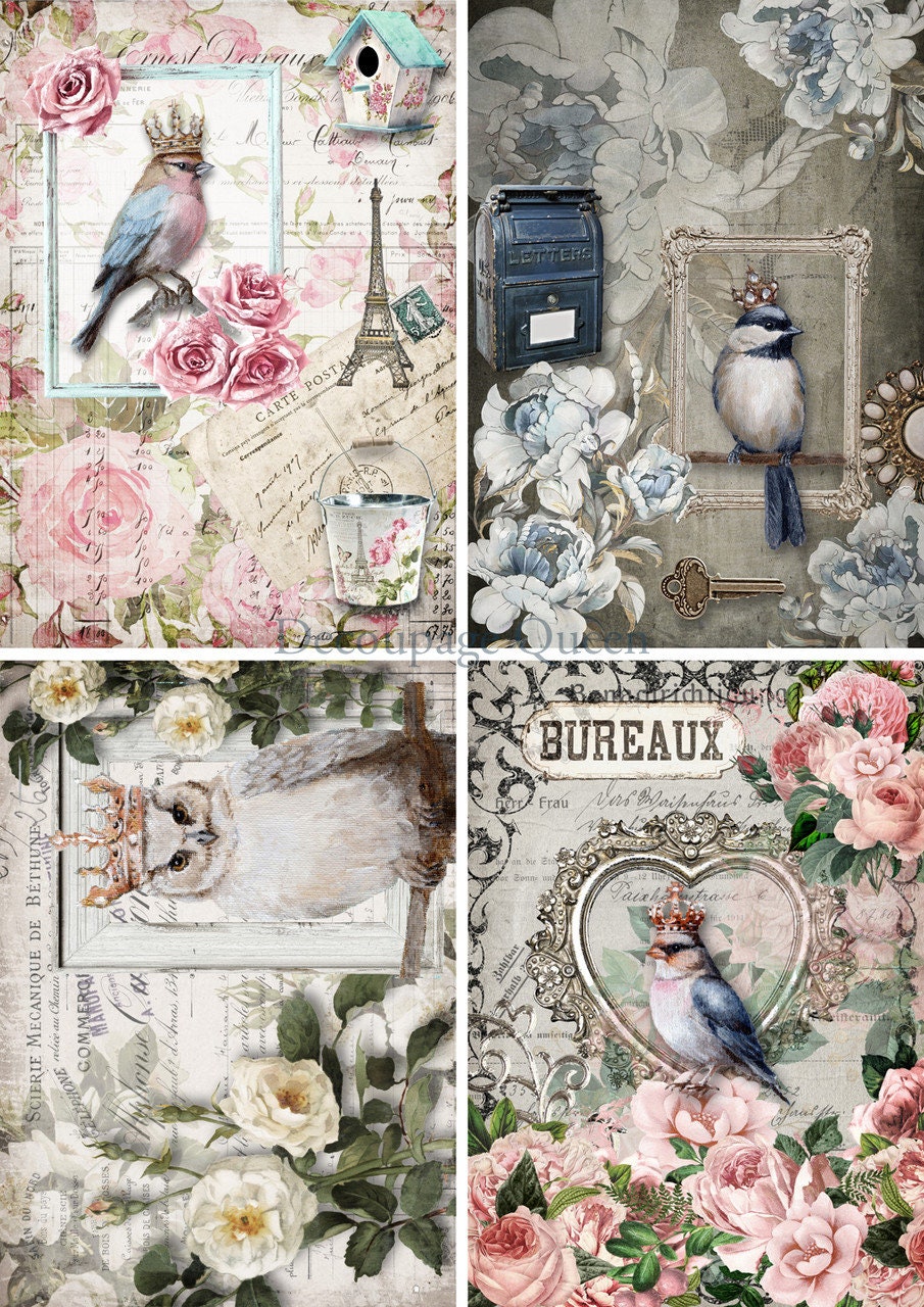 Decoupage Queen, Rice Paper, 2024 Spring Release, Teresa Rene Art, 4 Birds, Crowned Birds, Vintage Style, 4 pack,  0560, A4 8.3" X 11.7"