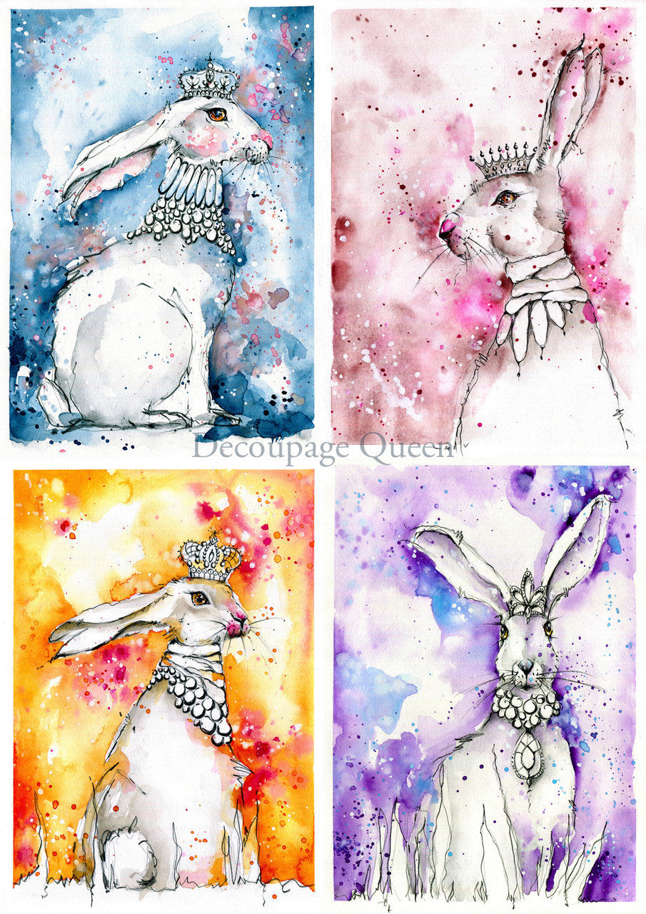 Decoupage Queen, Rice Paper, 2024 Spring Release, Easter, Toni Burt, Hares, 4 pack, water color, Rabbits, Crowns,  0540, A4 8.3" X 11.7"