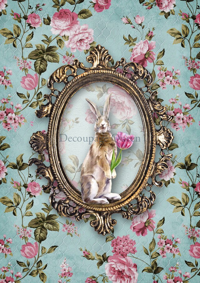 Decoupage Queen, Rice Paper, 2024 Spring Release, Easter, Vintage, Framed, Easter Bunny, Roses, Wallpaper, Shabby Chic, 0547 A4 8.3" X 11.7"