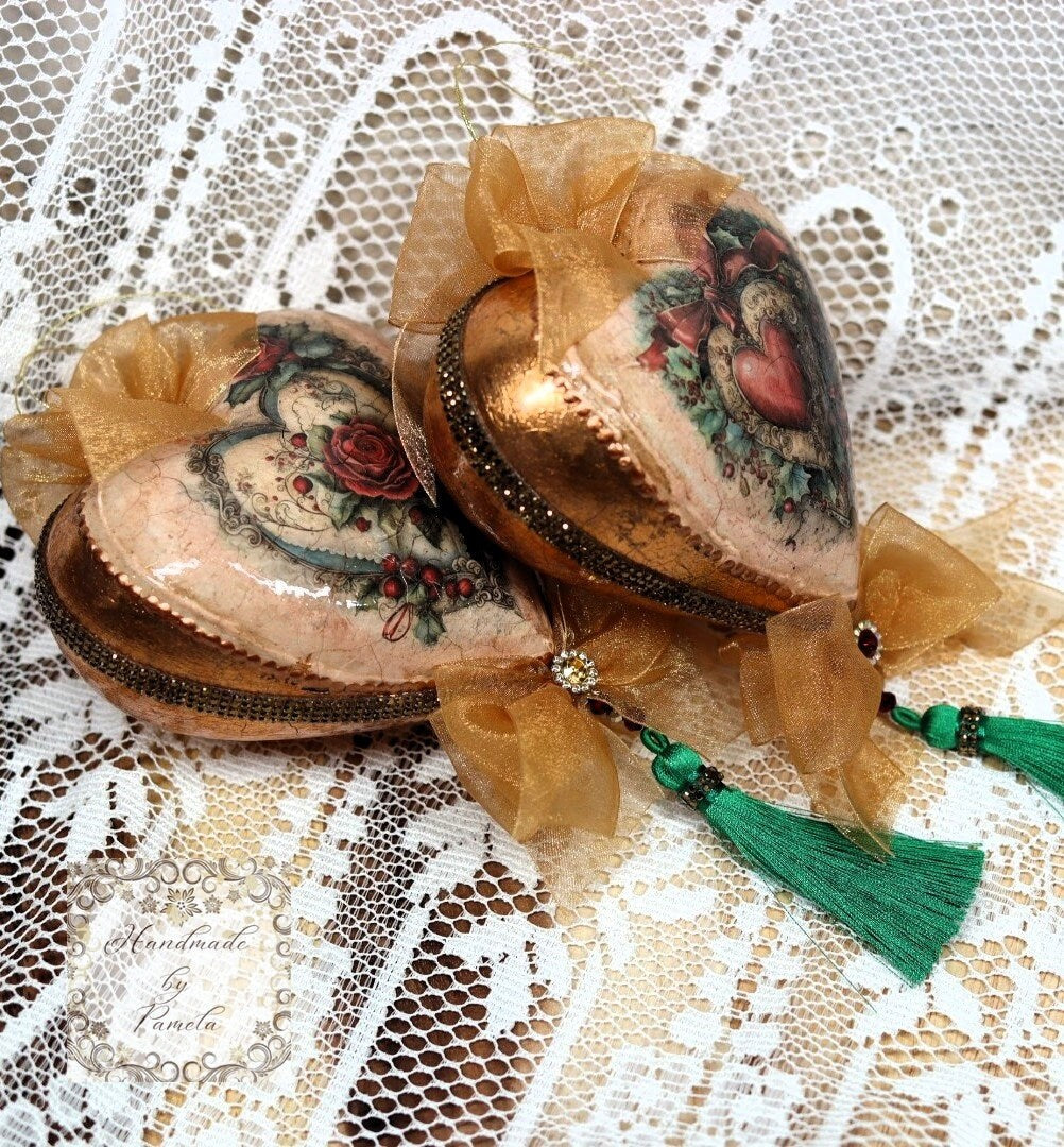 Handcrafted, Decoupage, Victorian Style, Heart Ornament Set 2, Shabby Chic, Vintage Style, Gold Gilded, Large Bauble, Vintage Style Hearts