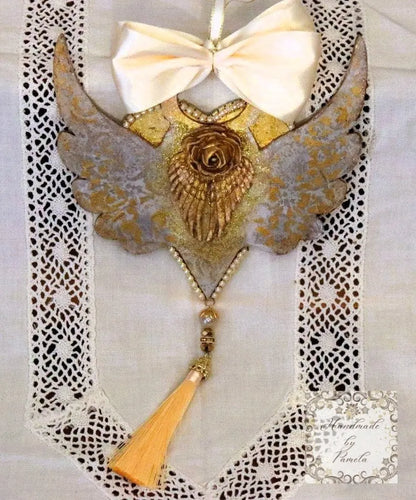 Handcrafted, Shabby Chic, Decoupage, Mixed Media, Angel Wings, Heart Ornament, Gift, Valentine's Day, Child Angel, Gold Gilded, Rhinestones Handmade by Pamela