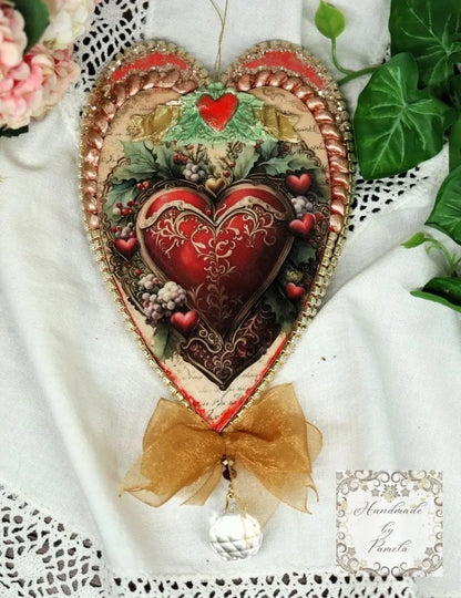 Handcrafted, Shabby Chic, Decoupage, Valentine, Mixed Media, Heart Ornament, Gift, Valentine's Day, Vintage Hearts, Gold, Red, Rhinestones Handmade by Pamela