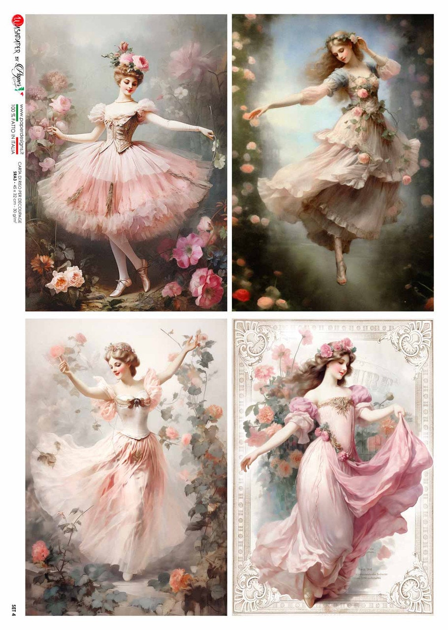 Paper Designs, Special Release, Ballerinas, Roses, 4 Pack, Shabby Chic, Vintage Style, Rice Paper, Decoupage, Mixed  Media, A4 8.3" X 11.7"