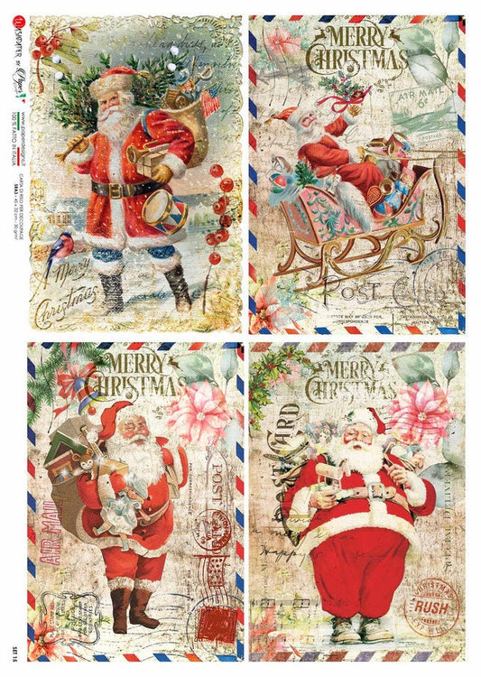 Paper Designs, Christmas, Special Release, Vintage Style, Nostalgic, Santa Claus, 4 pack Squares,  A4 8.3" X 11.7" Rice Paper for Decoupage