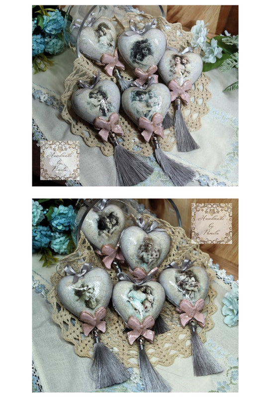 Handcrafted, Hearts, Ornament Set 5, Decoupage, Mixed Media, Vintage Style Ornaments, Mother and Daughter Portraits, Nostalgic, Mothers Day