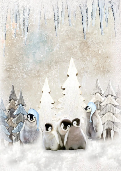 Decoupage Queen, 2023 Winter Release, Christmas, Rice Paper, A4 8.27 X 11.69,  Penguin, Family, Snow, Trees, 0534 Decoupage Queen