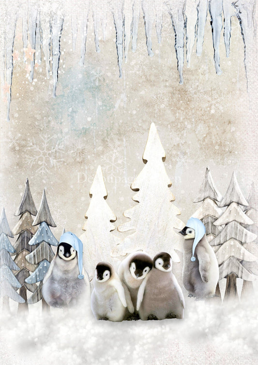 Decoupage Queen, 2023 Winter Release, Christmas, Rice Paper, A4 8.27 X 11.69,  Penguin, Family, Snow, Trees, 0534