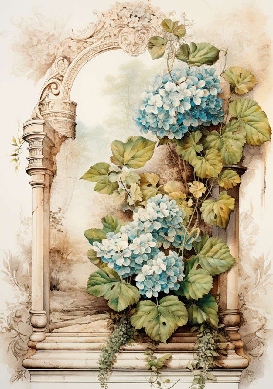 LaBlanche, 2024 Spring Release, Rice Paper, Nostalgia, Hydrangea, Entryway, Flowers, Vintage, Shabby Chic Style, LBD354, A4 8.27 X 11.69