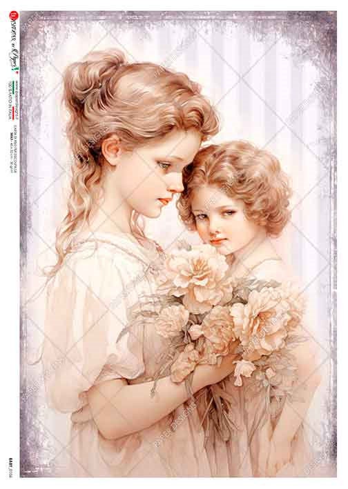 Paper Designs, 2024 Spring Release, Two Sisters, Girls, Flowers, Water Color, Rice Paper, Decoupage, Mixed  Media, 0106, A4 8.3" X 11.7"