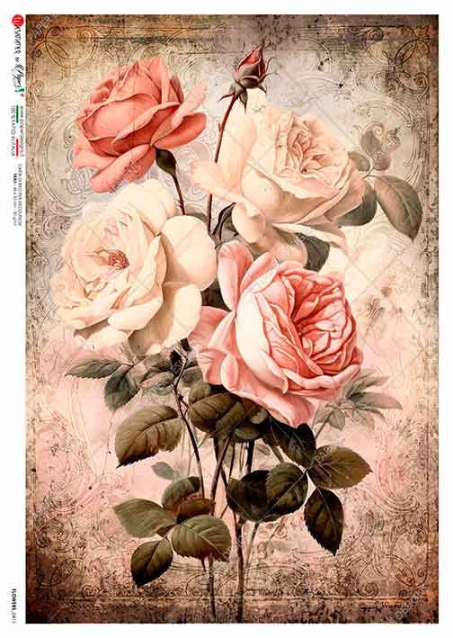 Paper Designs, 2024 Spring Release, Vintage Pink and White Rose Bouquet, Rice Paper, Decoupage, Mixed  Media, 0411 A4 8.3" X 11.7"