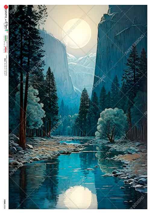 Paper Designs, 2024 Release, Peace in the Canyon, Lake, Forest, Sunrise, Sunset, Blue, 0228, A4 8.3" X 11.7" Rice Paper for Decoupage