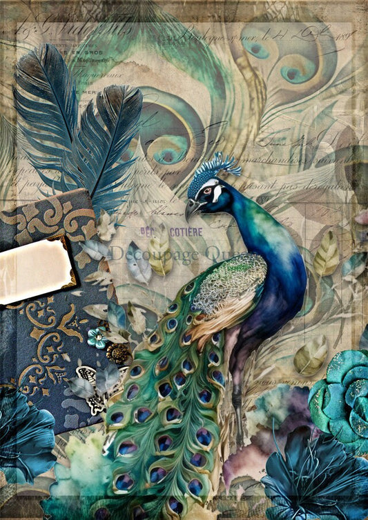 Decoupage Queen, Rice Paper, 2024 Spring Release,  Peacock, Feathers, Jeweled, Vintage Style,  Blue, Green, 0562, A4 8.3" X 11.7"