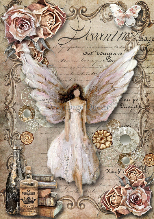 Decoupage Queen, Rice Paper, 2024 Spring Release,  Hand Painted, Angel, Roses, Shabby Chic, 0552, A4 8.3" X 11.7"