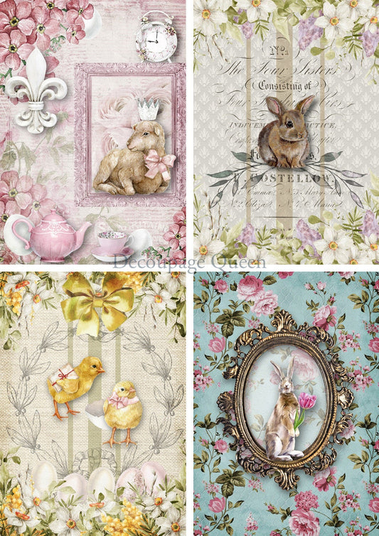 Decoupage Queen, Rice Paper, 2024 Spring Release, 4 pack, Easter, Chic's, Bunny, Lamb, Shabby Chic, Vintage Frame, 0549, A4 8.3" X 11.7"