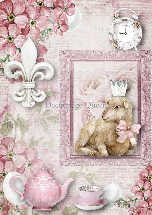 Decoupage Queen, Rice Paper, 2024 Spring Release, Easter, Vintage Style, Lamb, Pink, Flowers, Tea Set, Shabby Chic, 0545, A4 8.3" X 11.7"