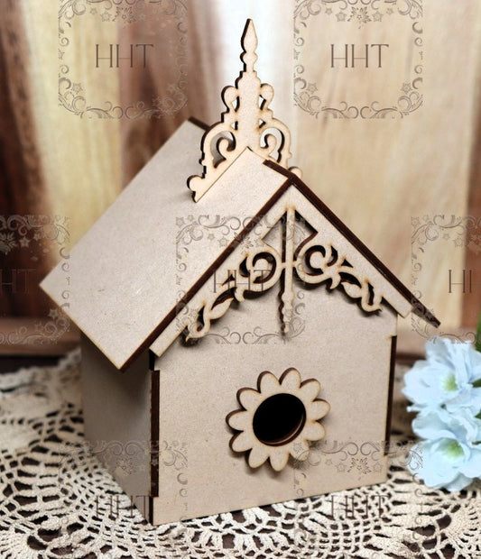 Laser Cut MDF, Bird House, Craft, Base, Blank, Canvas, Decoupage, Mixed Media, Paintable, 11 pc, 6"w x 4"l x 6"h, Decorative, Buildable Kit