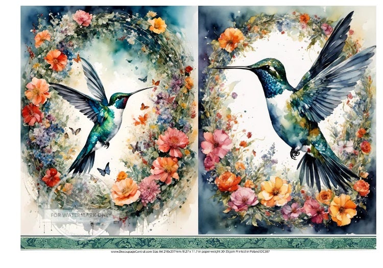 Decoupage Central, Watercolor, Hummingbirds, Floral, Wreath, DC387, Rice Paper, Decoupage, Mixed Media, A4 8.27x11.69