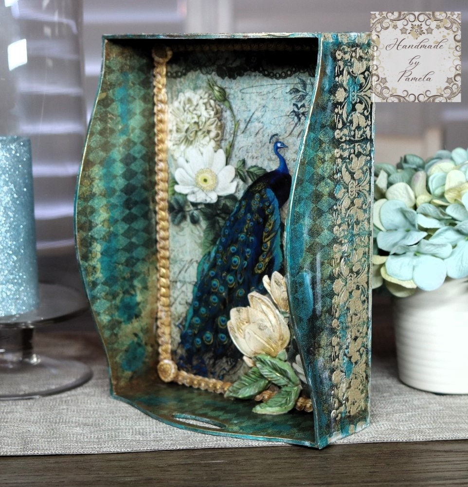 Handcrafted, Mixed Media, Decoupage,  Peacock, Tray, Laser Cut MDF, Majestic Peacock, Harlequin, Home Decor, Blue, Green, Gold, Elegant