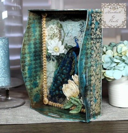 Handcrafted, Mixed Media, Decoupage,  Peacock, Tray, Laser Cut MDF, Majestic Peacock, Harlequin, Home Decor, Blue, Green, Gold, Elegant Handmade by Pamela