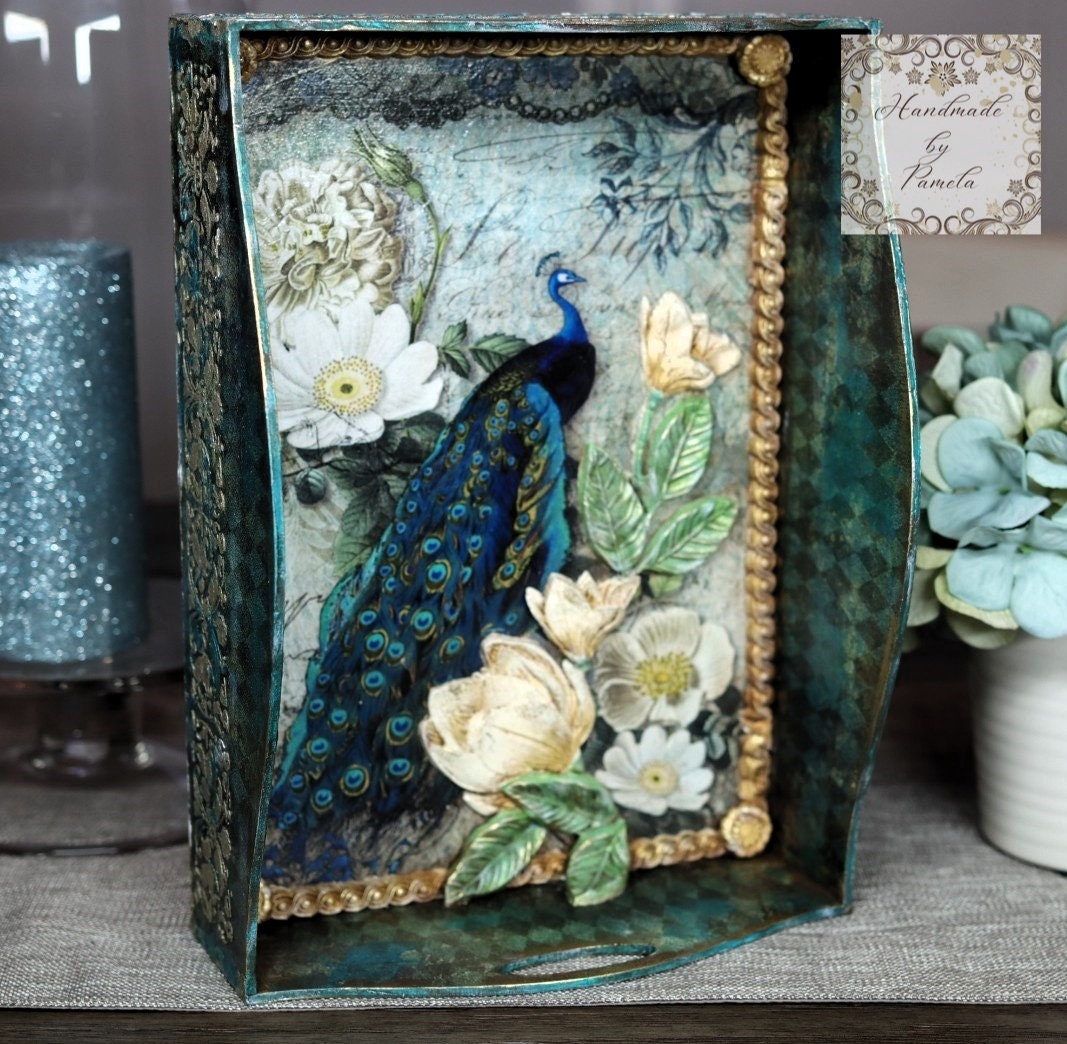 Handcrafted, Mixed Media, Decoupage,  Peacock, Tray, Laser Cut MDF, Majestic Peacock, Harlequin, Home Decor, Blue, Green, Gold, Elegant