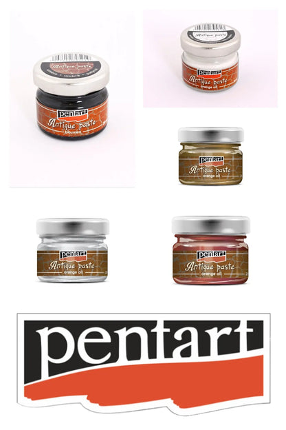 Pentart, Antique Paste, Umbra, White, Silver, Antique Gold, Copper, Gold, Brass, Orange Oil, Bitumen, Solvent based, Aged, Antique Effect Pentart
