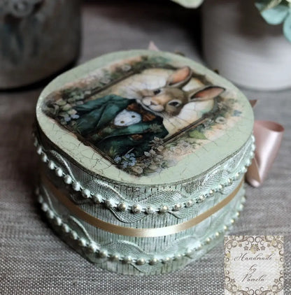 Handcrafted, Decoupage, Mixed Media, Easter, Gift, MDF Box , Vintage Style, Bunnies, Lablache, Shabby Chic Handmade by Pamela