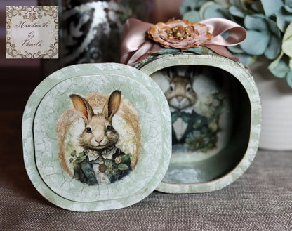 Handcrafted, Decoupage, Mixed Media, Easter, Gift, MDF Box , Vintage Style, Bunnies, Lablache, Shabby Chic Handmade by Pamela