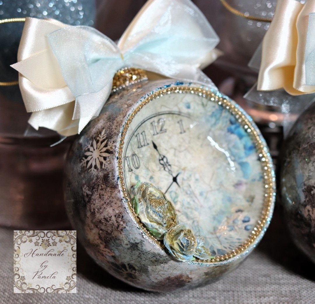 Handcrafted, Shabby Chic, Concave Ball, Bauble, Ornament, Decoupage, Mixed Media, Vintage Style, Blue Clocks and Roses