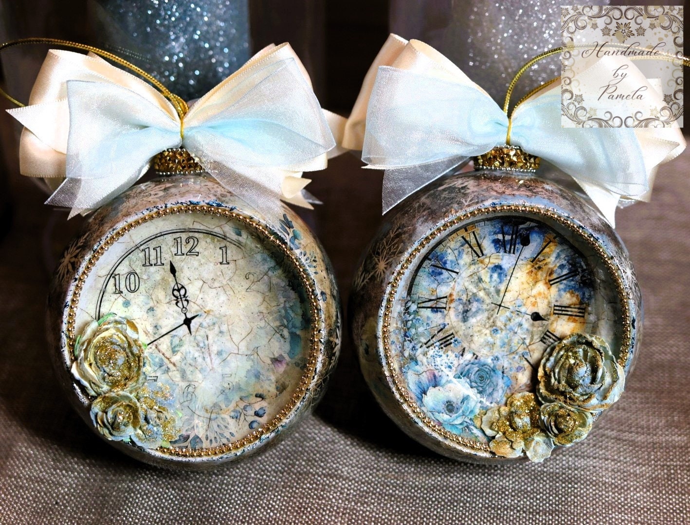 Handcrafted, Shabby Chic, Concave Ball, Bauble, Ornament, Decoupage, Mixed Media, Vintage Style, Blue Clocks and Roses