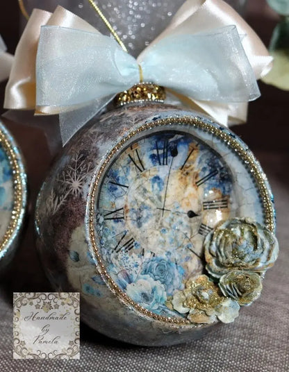Handcrafted, Shabby Chic, Concave Ball, Bauble, Ornament, Decoupage, Mixed Media, Vintage Style, Blue Clocks and Roses Handmade by Pamela