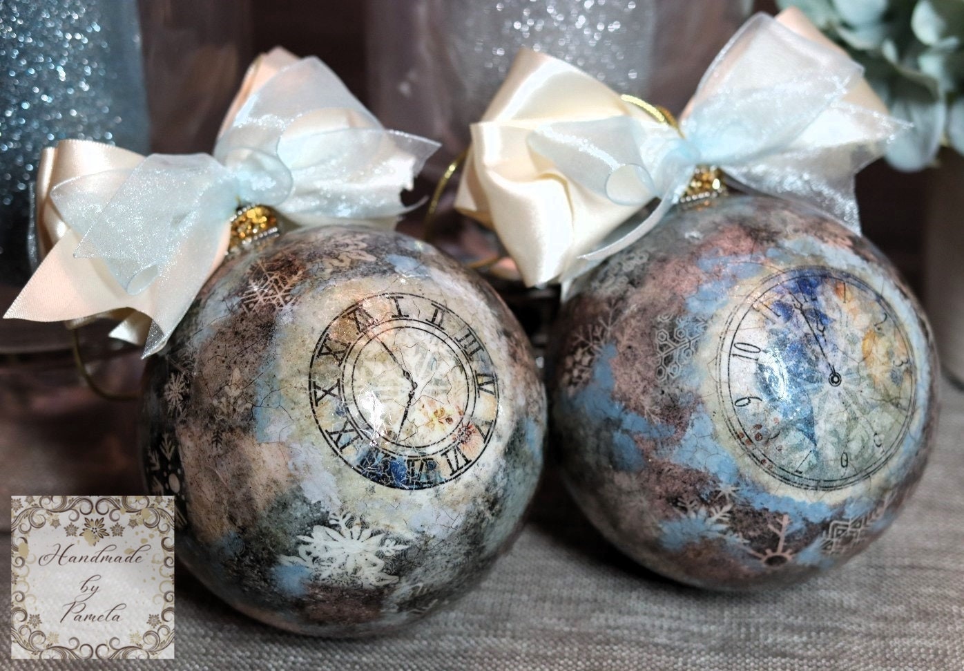 Handcrafted, Shabby Chic, Concave Ball, Bauble, Ornament, Decoupage, Mixed Media, Vintage Style, Blue Clocks and Roses