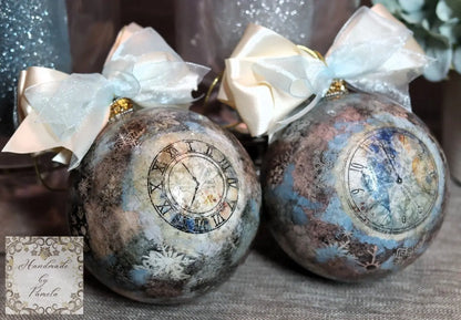 Handcrafted, Shabby Chic, Concave Ball, Bauble, Ornament, Decoupage, Mixed Media, Vintage Style, Blue Clocks and Roses Handmade by Pamela