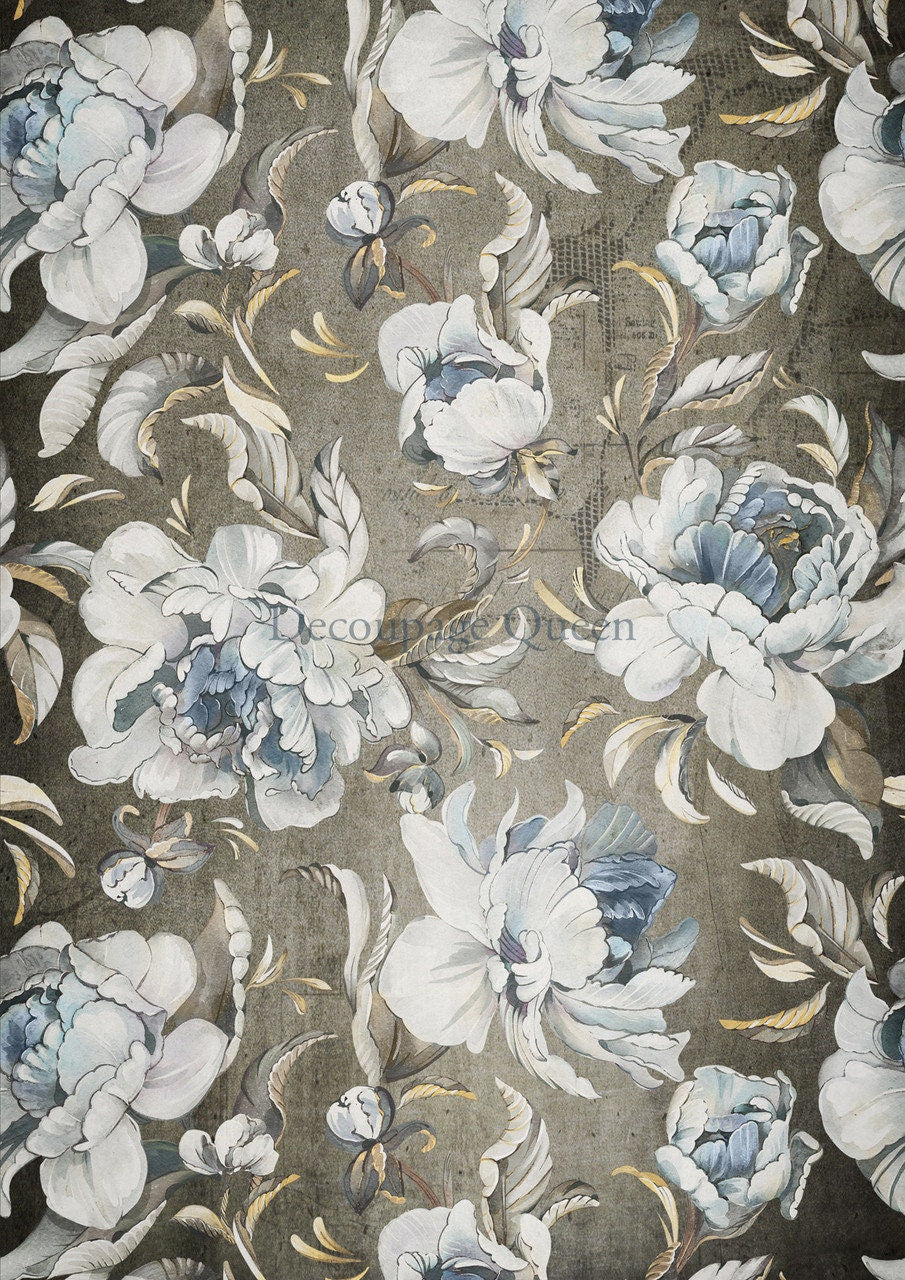 Decoupage Queen, Rice Paper, 2024 Spring Release, Blue Peonies, Vintage Style, Wallpaper, Background, 0561, A4 8.3" X 11.7"