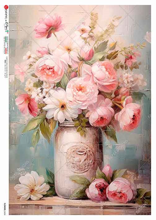 Paper Designs, 2024 Spring Release, Spring Pink Bouquet Mason Jar, Peonies, Pink, Rice Paper, Decoupage, Mixed  Media, 0424 A4 8.3" X 11.7"