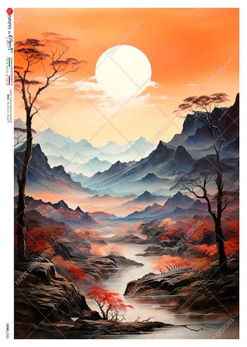 Paper Designs, 2024 Release, Asian Sunrise, Views, Landscape, Sunrise, Stream, 0220, A4 8.3" X 11.7" Rice Paper for Decoupage