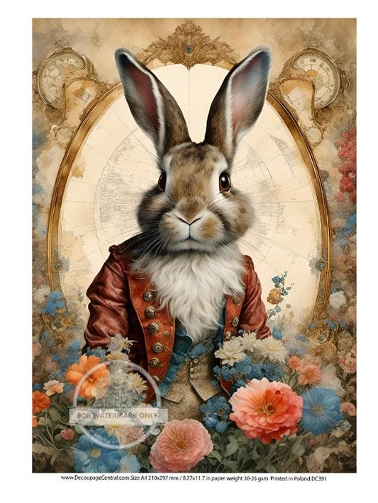 Decoupage Central, Easter, Vintage Style, Rabbit, in Napoleon Costumes, DC391, Rice Paper, Decoupage, Mixed Media, A4 8.27x11.69