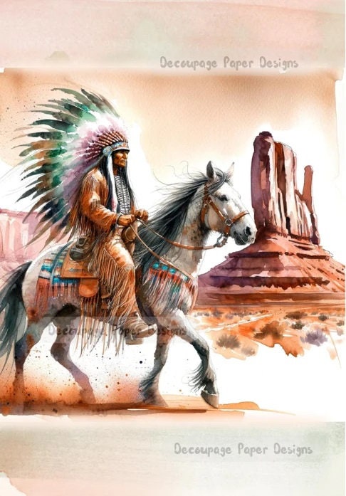 Decoupage Creatives, Rice Paper, Indian Chief, Horse, Desert, Southwestern, Mixed Media, A4 8.27 X 11.69 DPD203