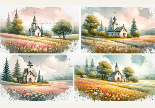 Decoupage Creatives, Rice Paper, Southern Churches, Country, Meadow, Landscapes, Mixed Media, A4 8.27 X 11.69 DPD265