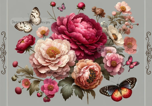 Decoupage Creatives, Rice Paper, Peony, Peonies, Butterflies, Flowers, Shabby Chic, Mixed Media, A4 8.27 X 11.69 DPD397